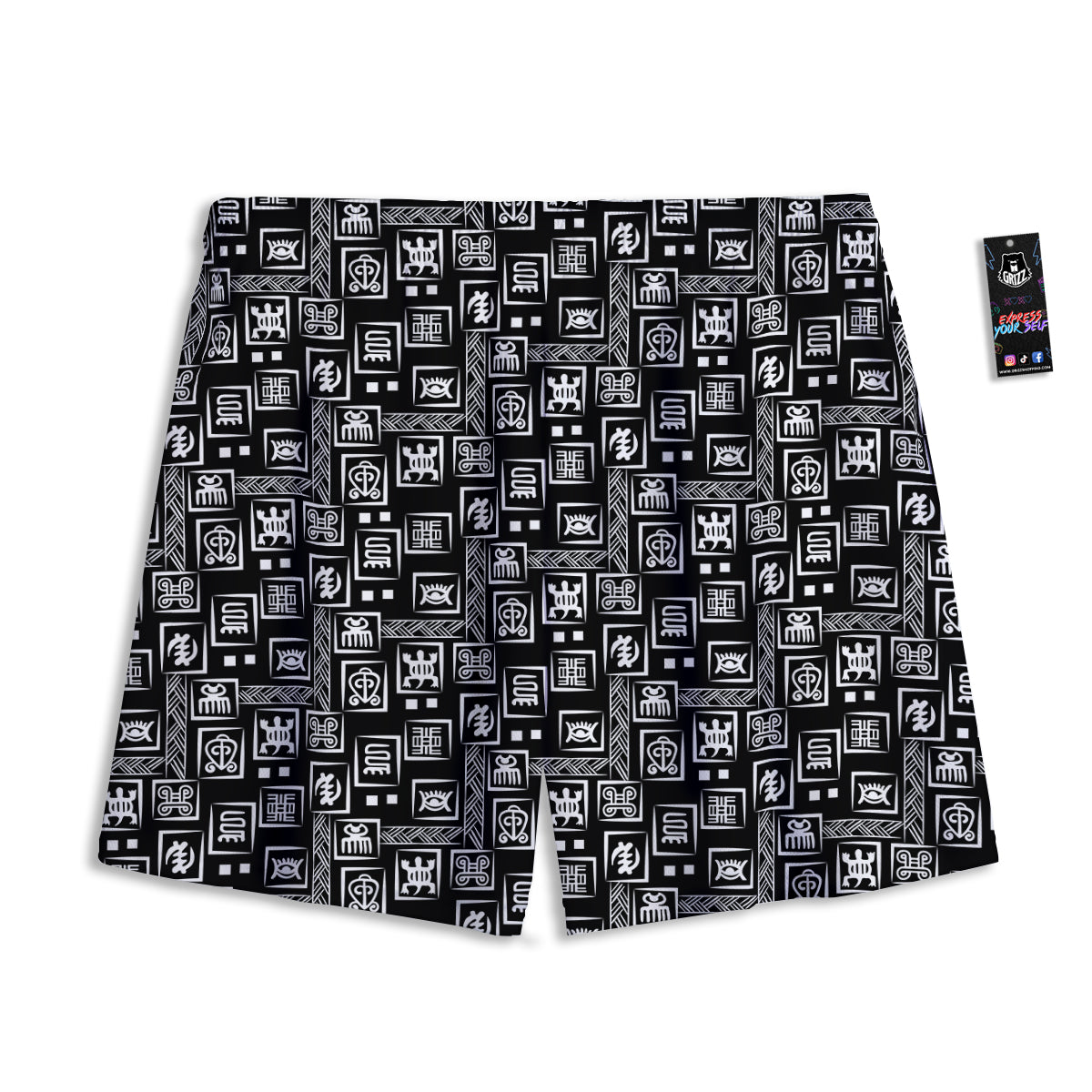 Adinkra Symbols White And Black Print Pattern Mesh Shorts