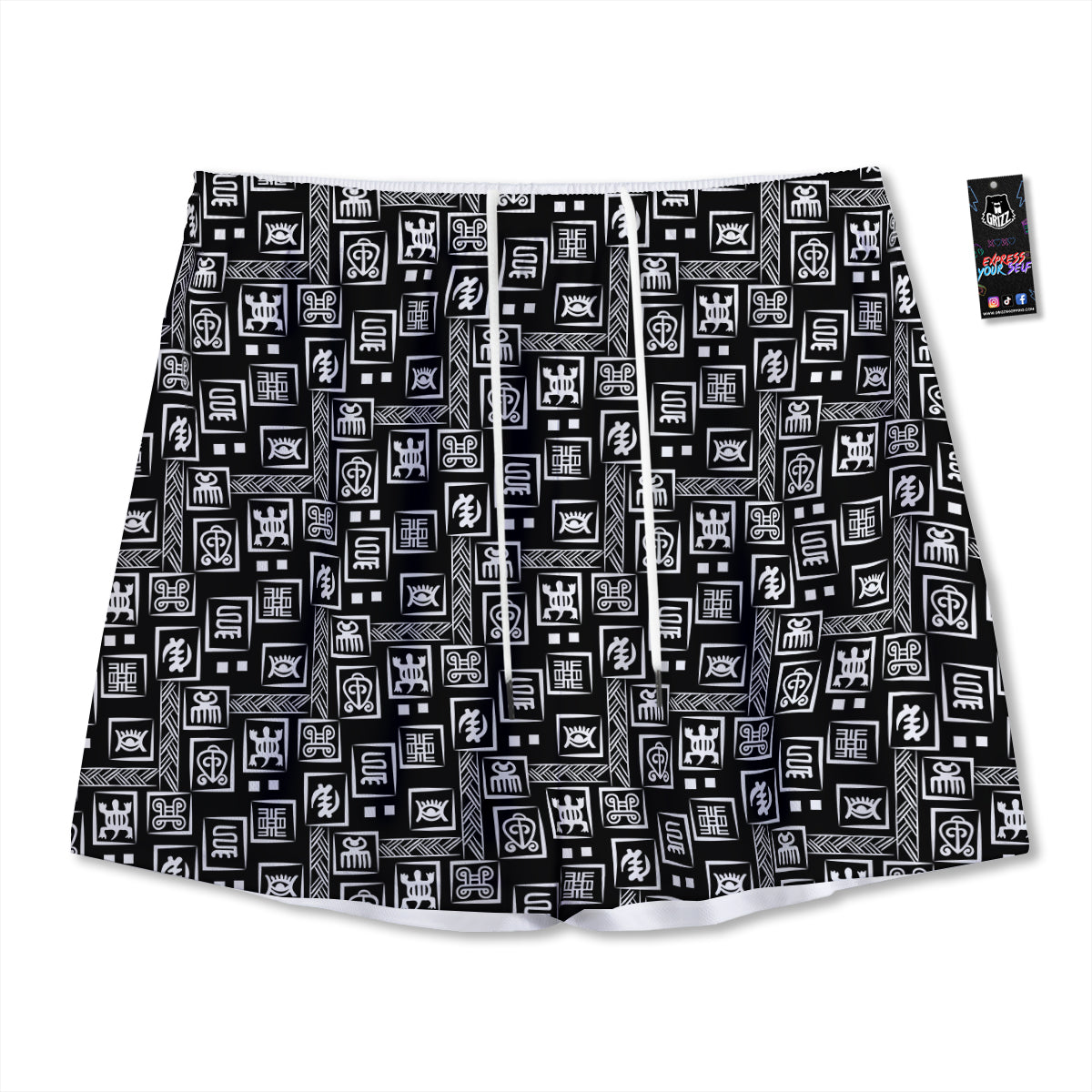 Adinkra Symbols White And Black Print Pattern Mesh Shorts
