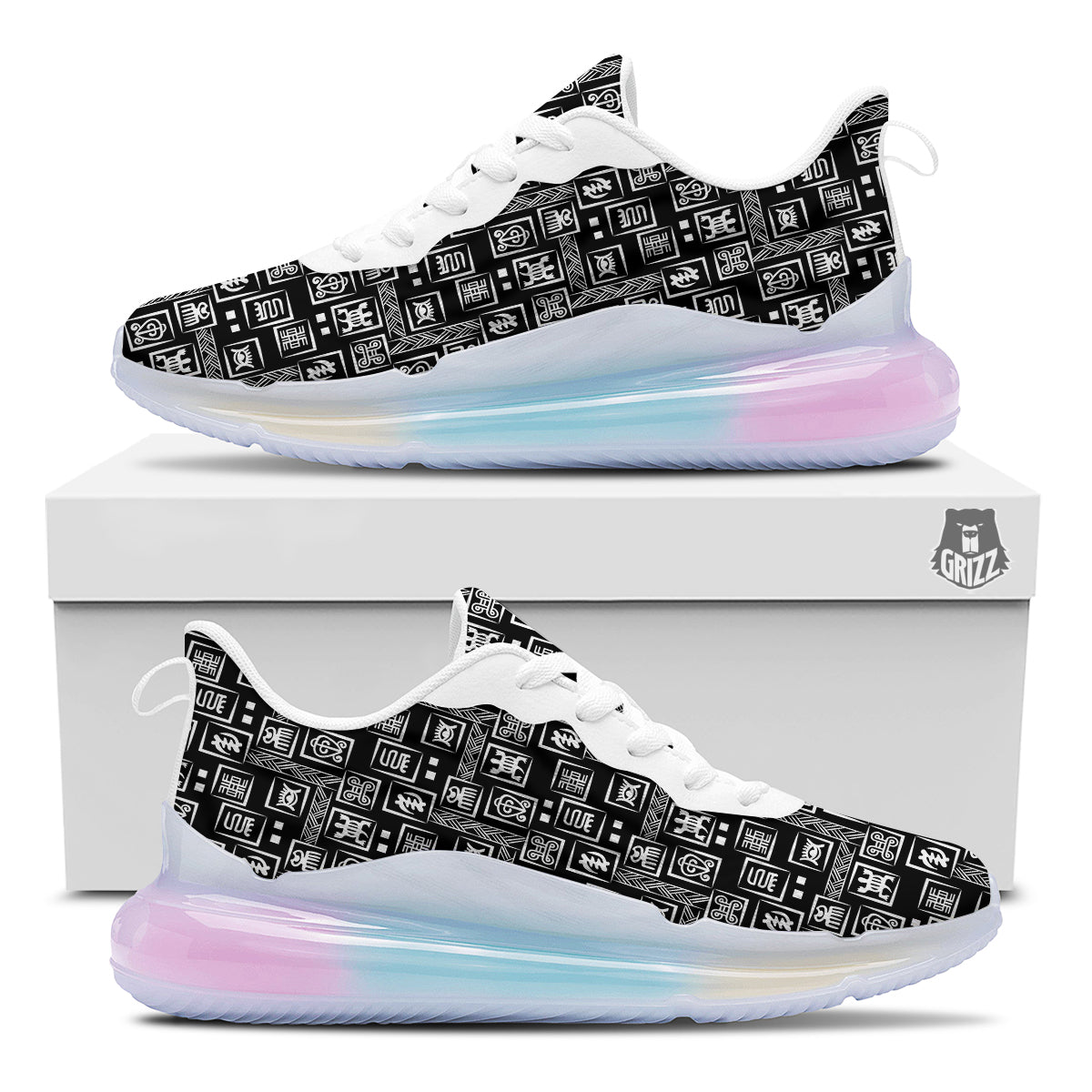 Adinkra Symbols White And Black Print Pattern Running Sneakers-grizzshop