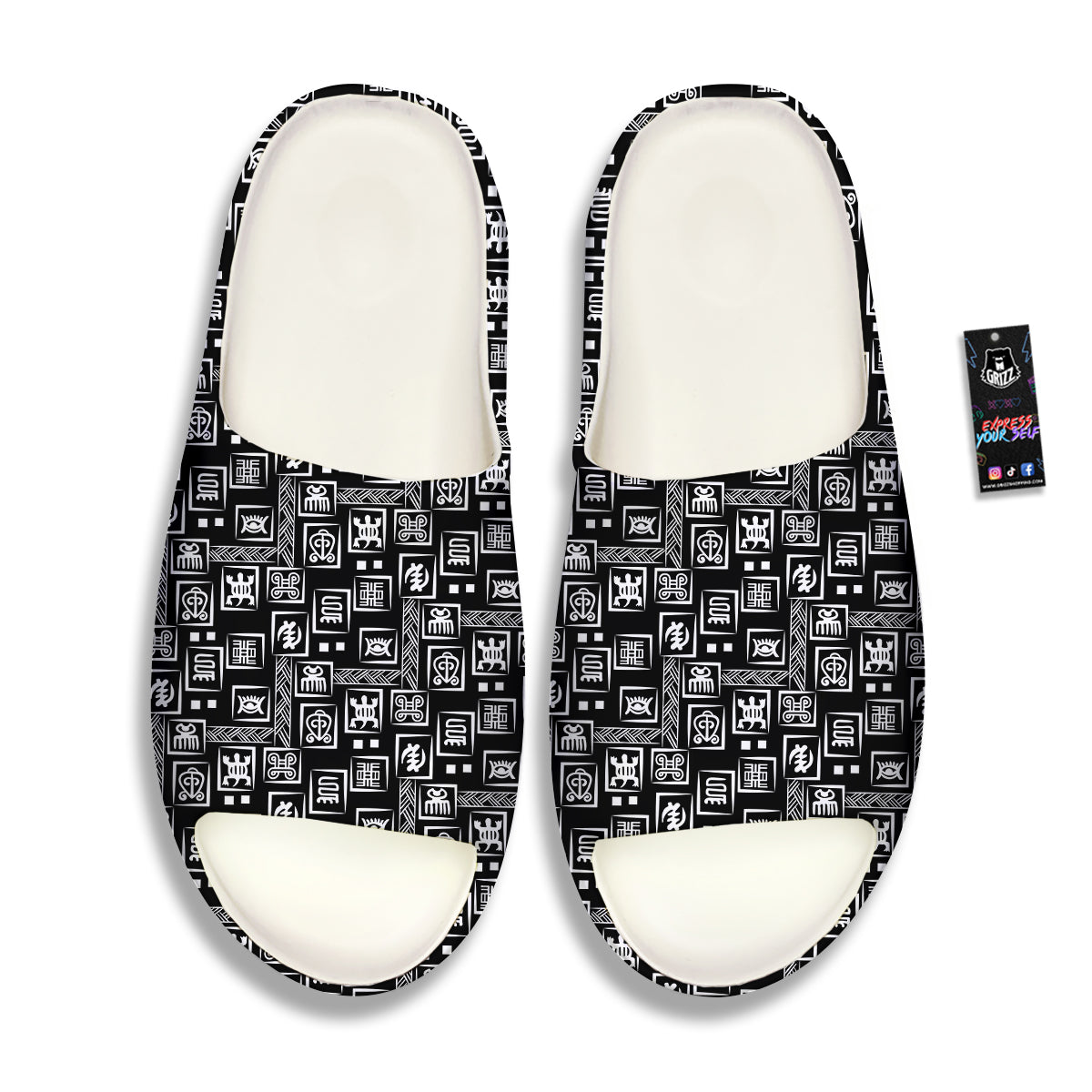 Adinkra Symbols White And Black Print Pattern Sandals-grizzshop