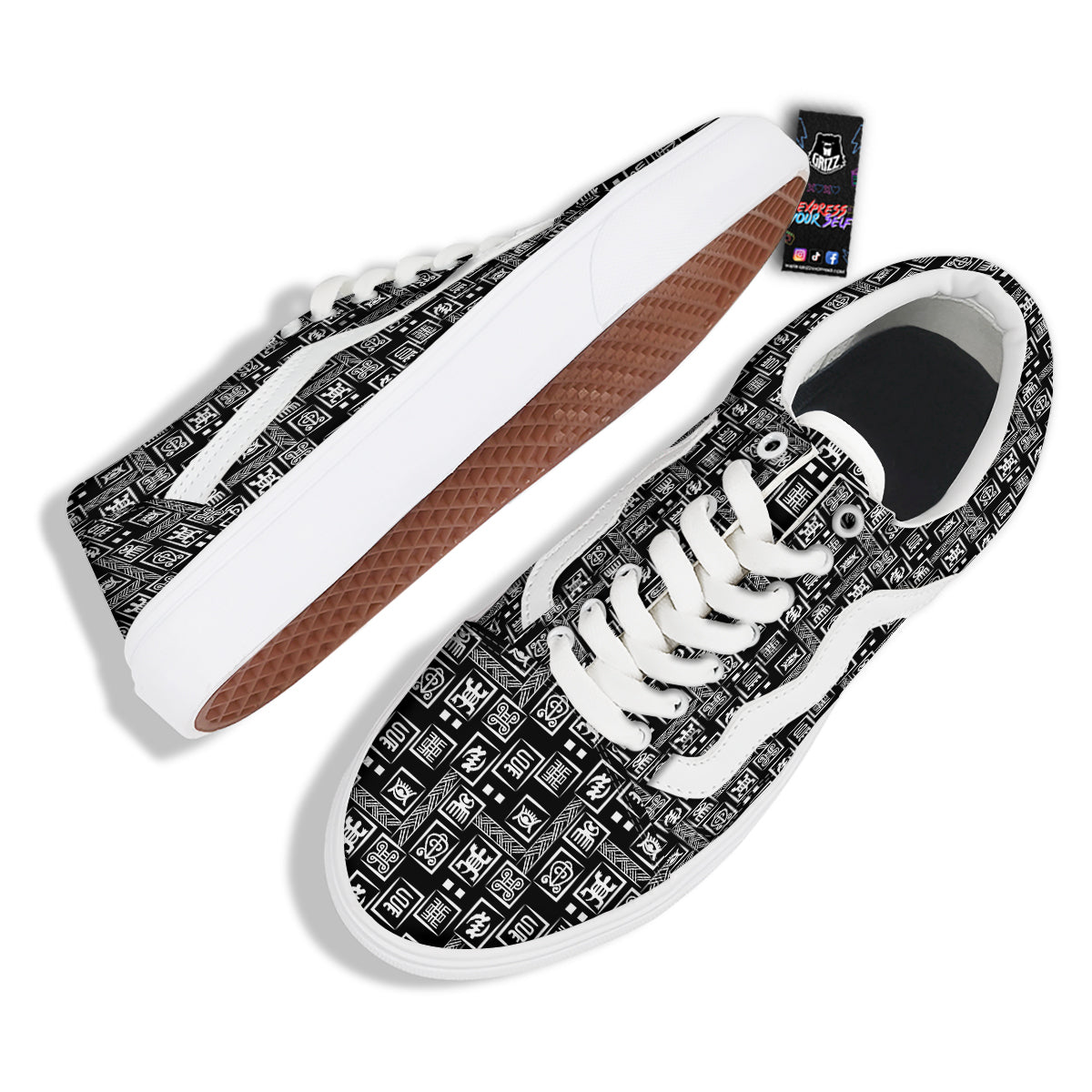 Adinkra Symbols White And Black Print Pattern Skate Shoes-grizzshop