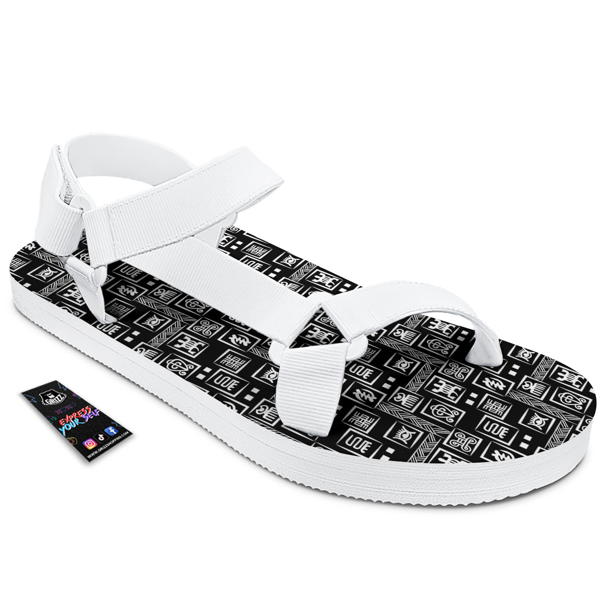 Adinkra Symbols White And Black Print Pattern White Open Toe Sandals-grizzshop