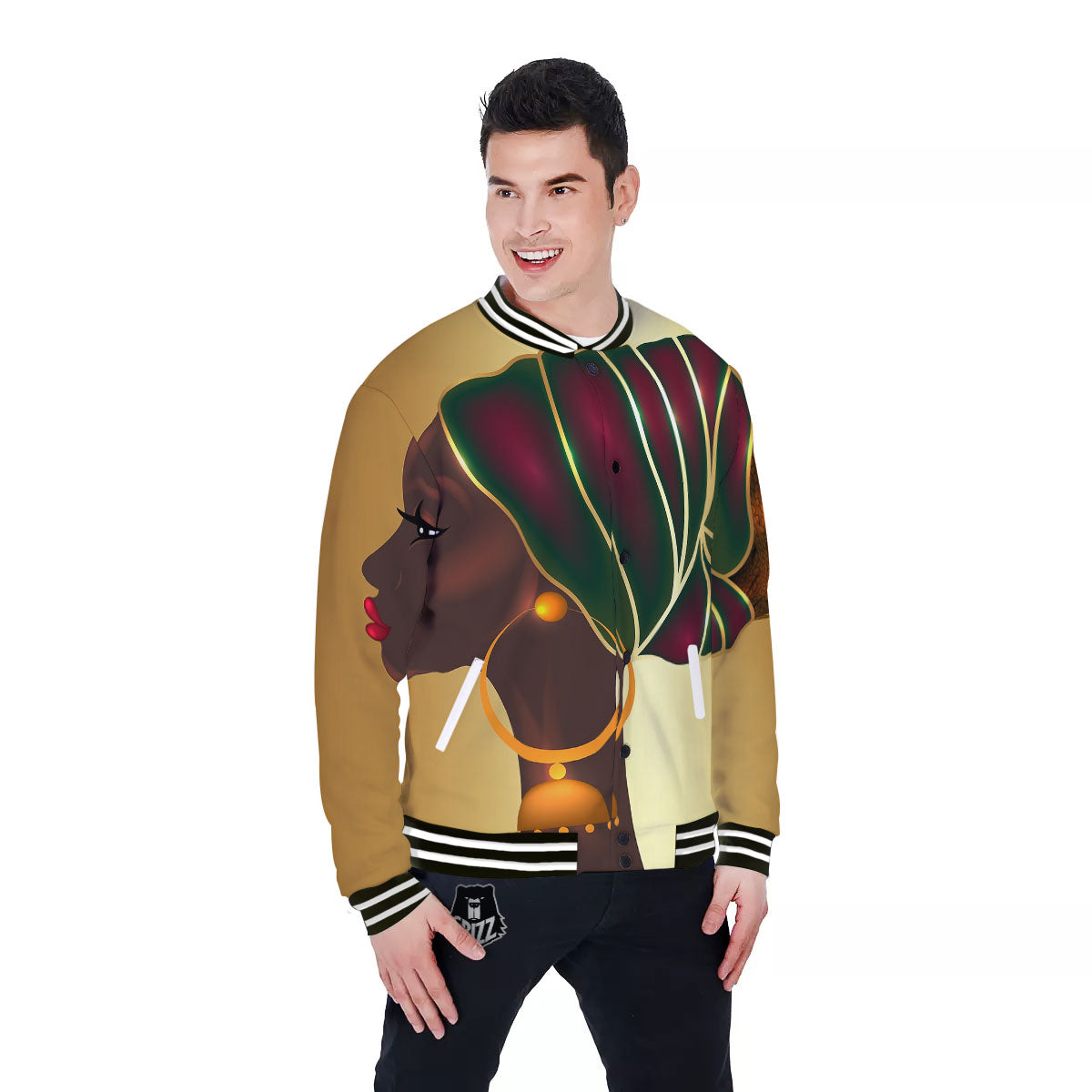 African Afro Gold And Black Print Baseball Jacket-grizzshop