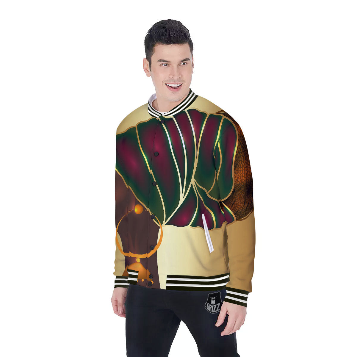 African Afro Gold And Black Print Baseball Jacket-grizzshop