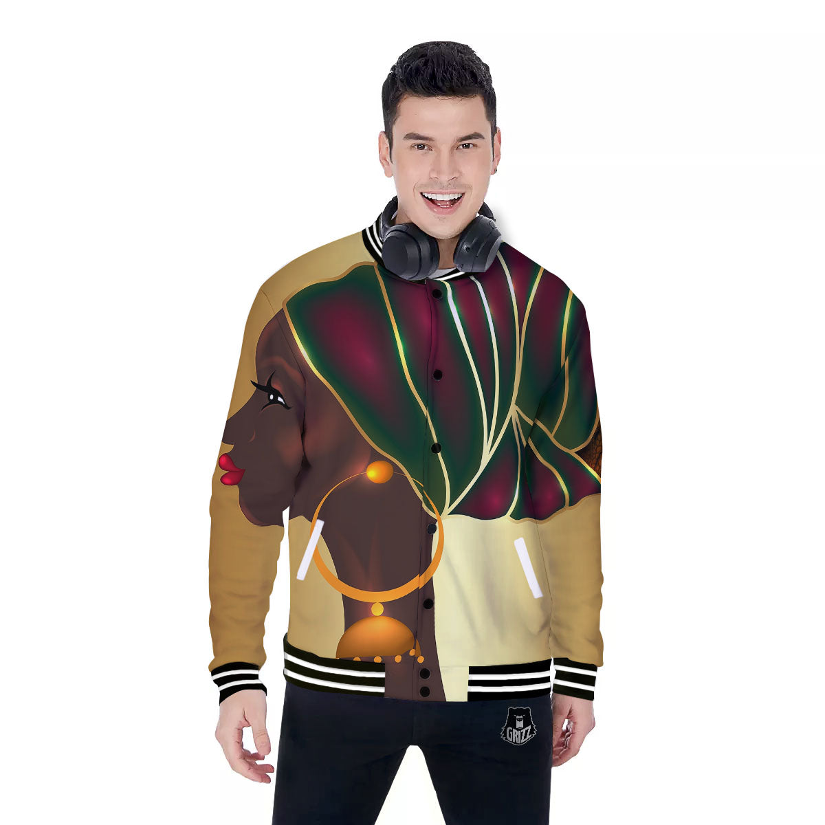 African Afro Gold And Black Print Baseball Jacket-grizzshop