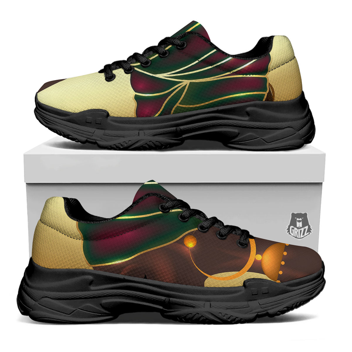African Afro Gold And Black Print Black Chunky Shoes-grizzshop