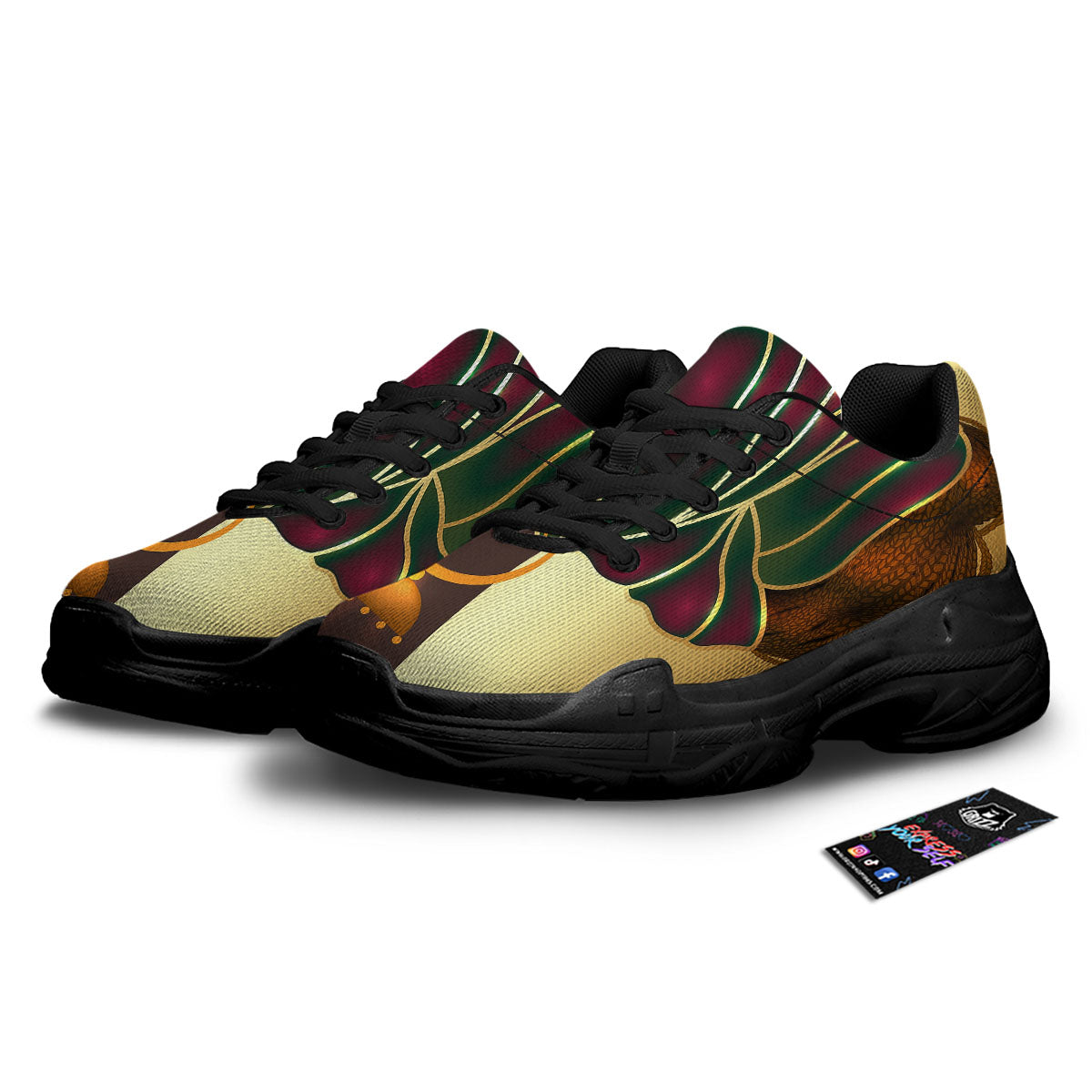 African Afro Gold And Black Print Black Chunky Shoes-grizzshop