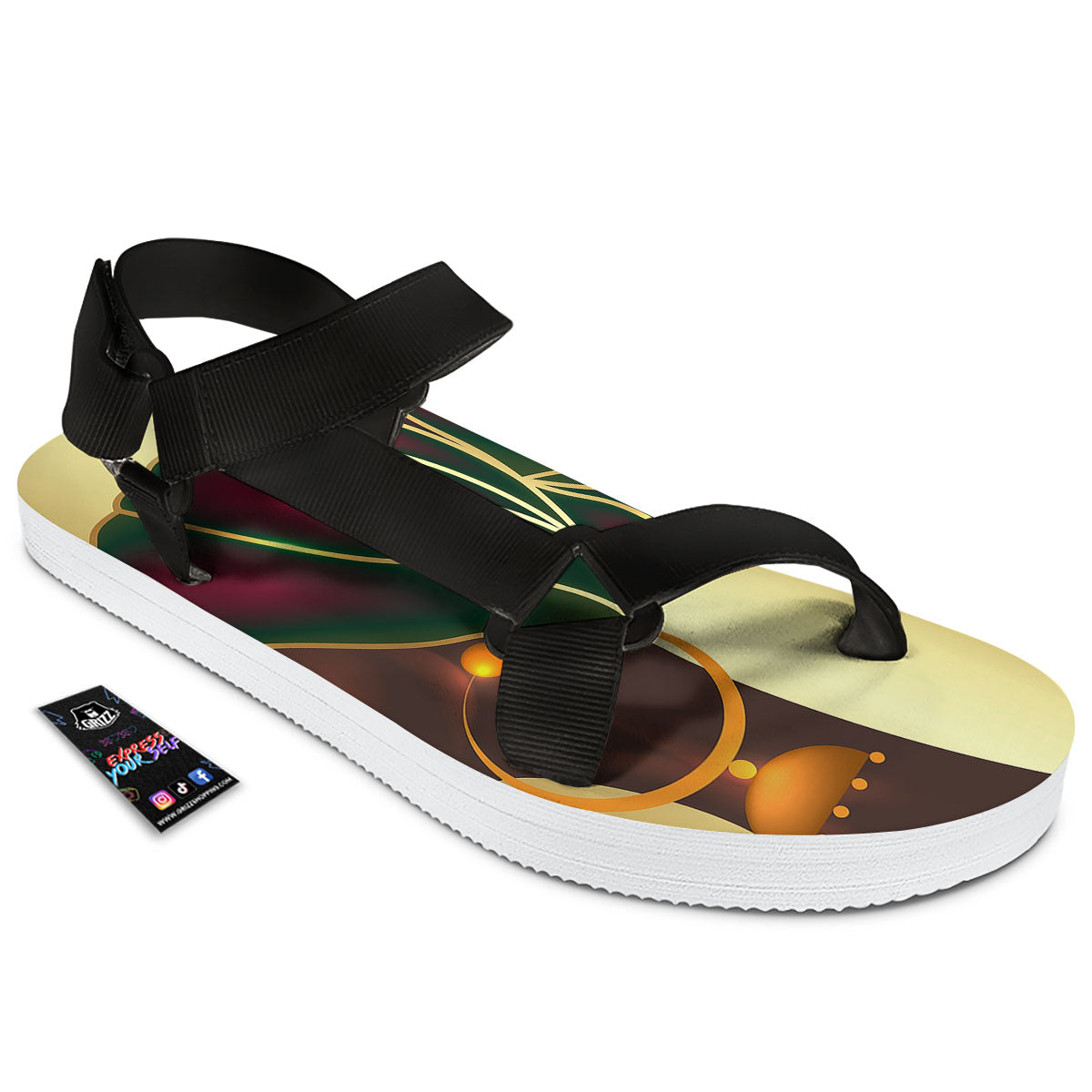 African Afro Gold And Black Print Black Open Toe Sandals-grizzshop