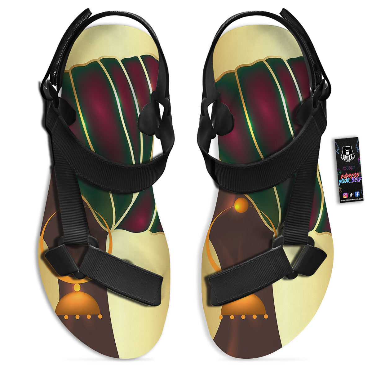 African Afro Gold And Black Print Black Open Toe Sandals-grizzshop