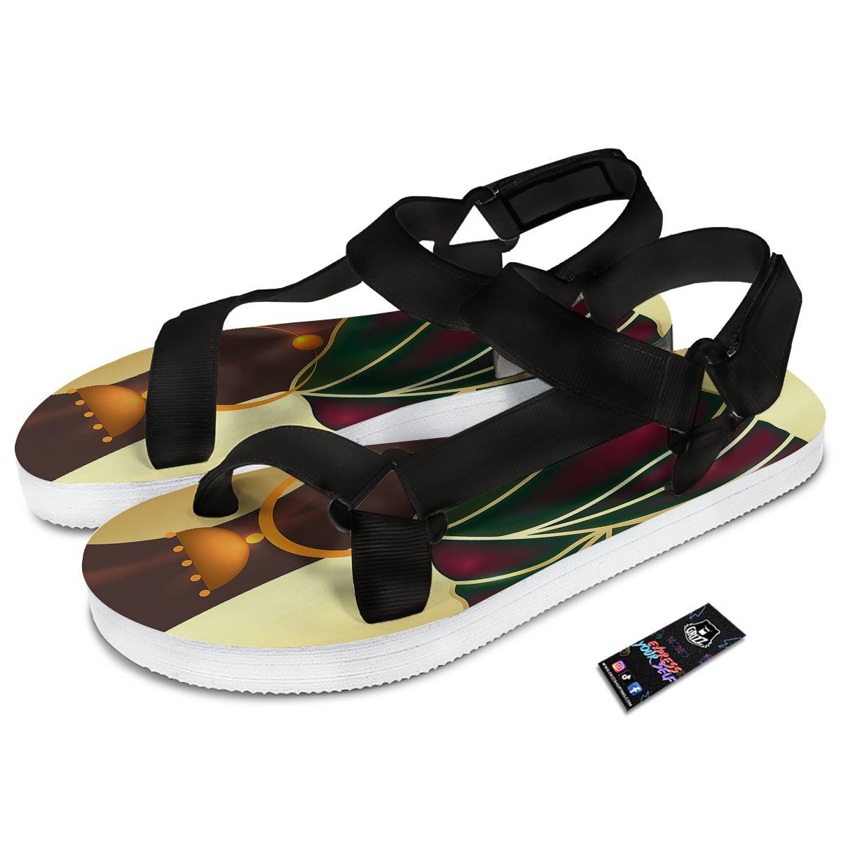 African Afro Gold And Black Print Black Open Toe Sandals-grizzshop