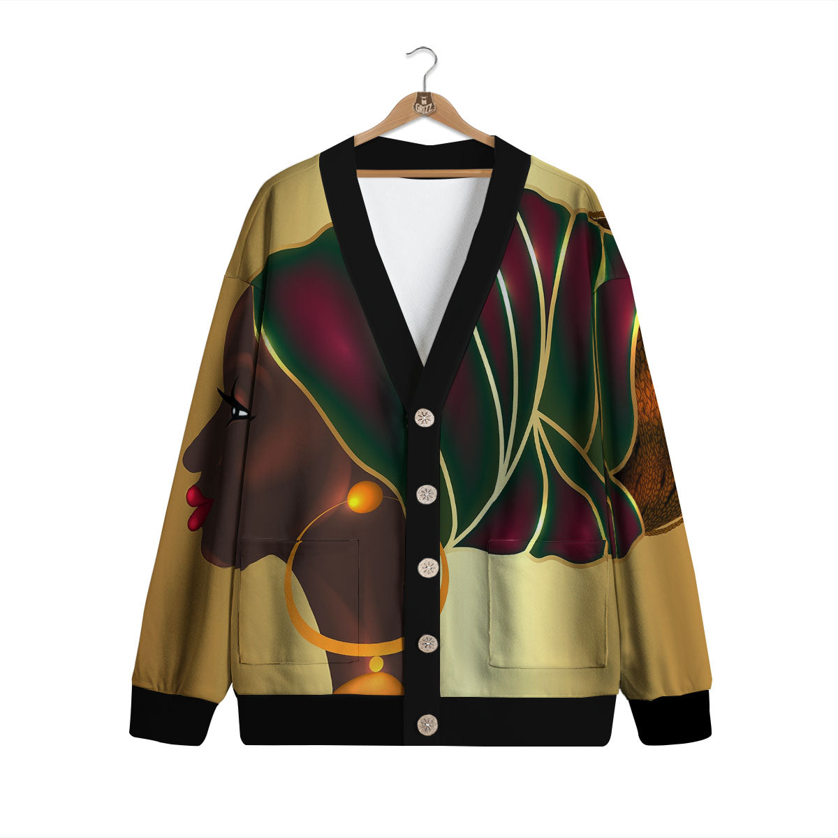 African Afro Gold And Black Print Cardigan-grizzshop
