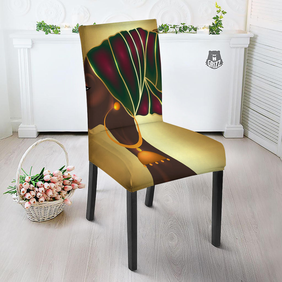 African Afro Gold And Black Print Dining Chair Slipcover-grizzshop
