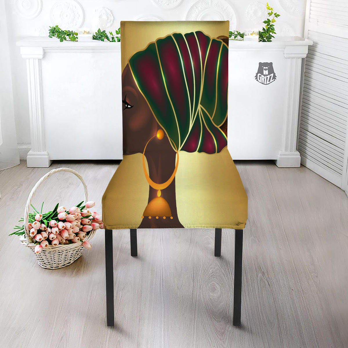 African Afro Gold And Black Print Dining Chair Slipcover-grizzshop