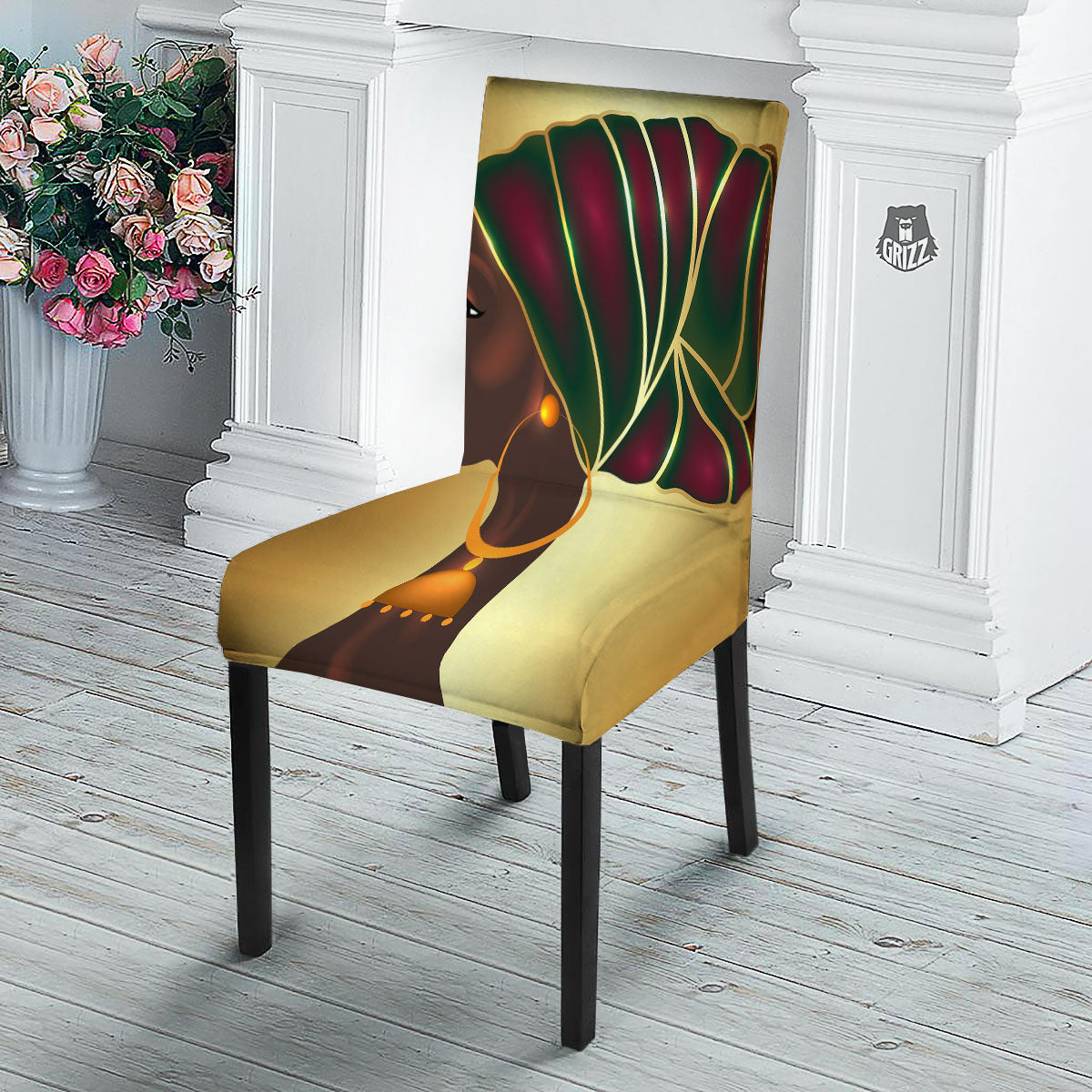 African Afro Gold And Black Print Dining Chair Slipcover-grizzshop