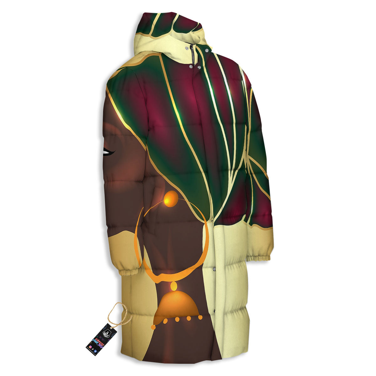 African Afro Gold And Black Print Long Down Jacket-grizzshop