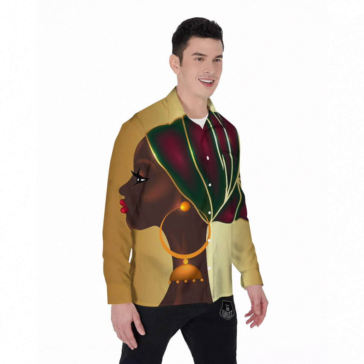 African Afro Gold And Black Print Men's Long Sleeve Shirts-grizzshop