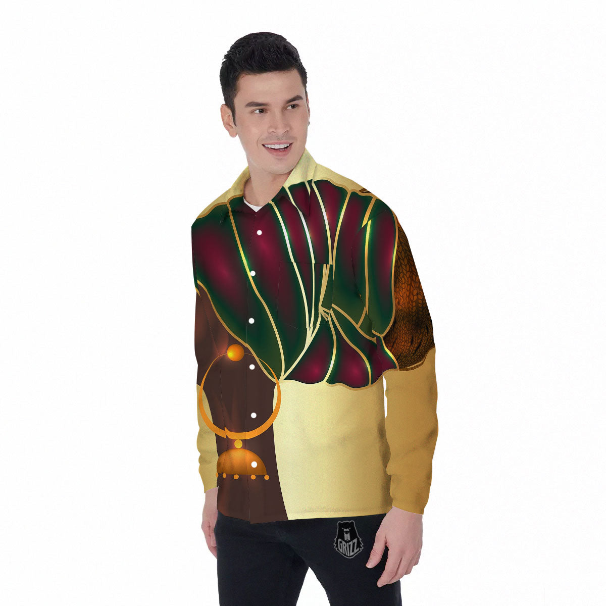 African Afro Gold And Black Print Men's Long Sleeve Shirts-grizzshop