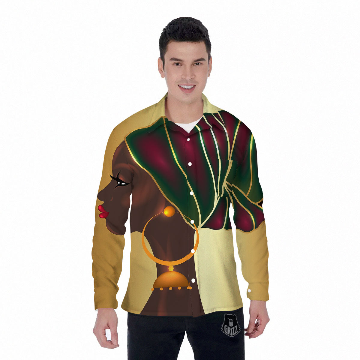 African Afro Gold And Black Print Men's Long Sleeve Shirts-grizzshop