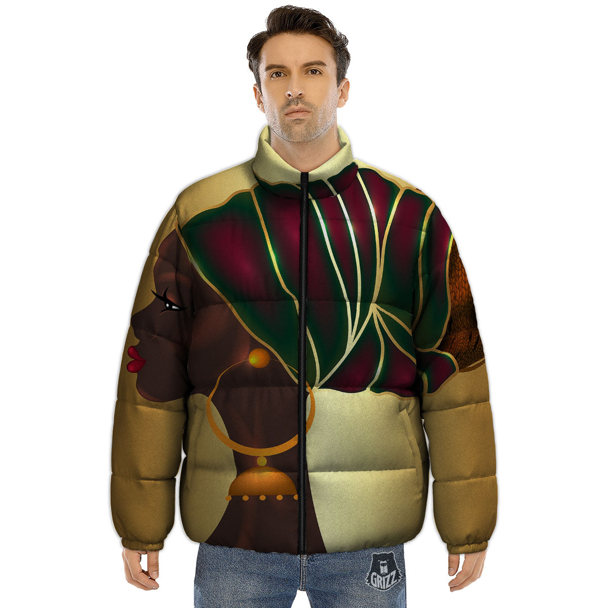 African Afro Gold And Black Print Puffer Jacket-grizzshop