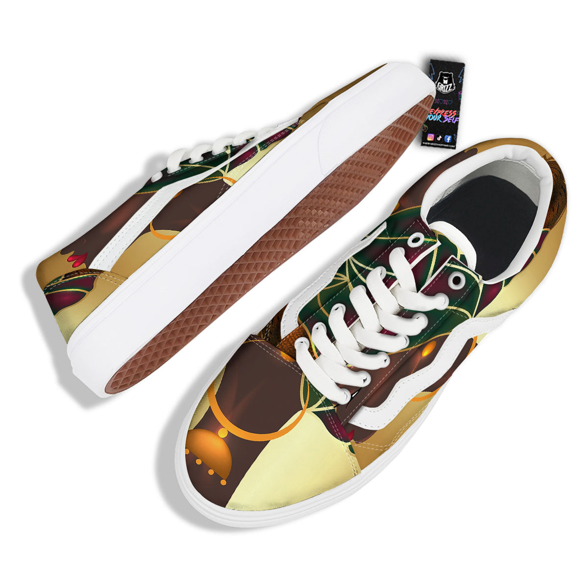 African Afro Gold And Black Print Skate Shoes-grizzshop