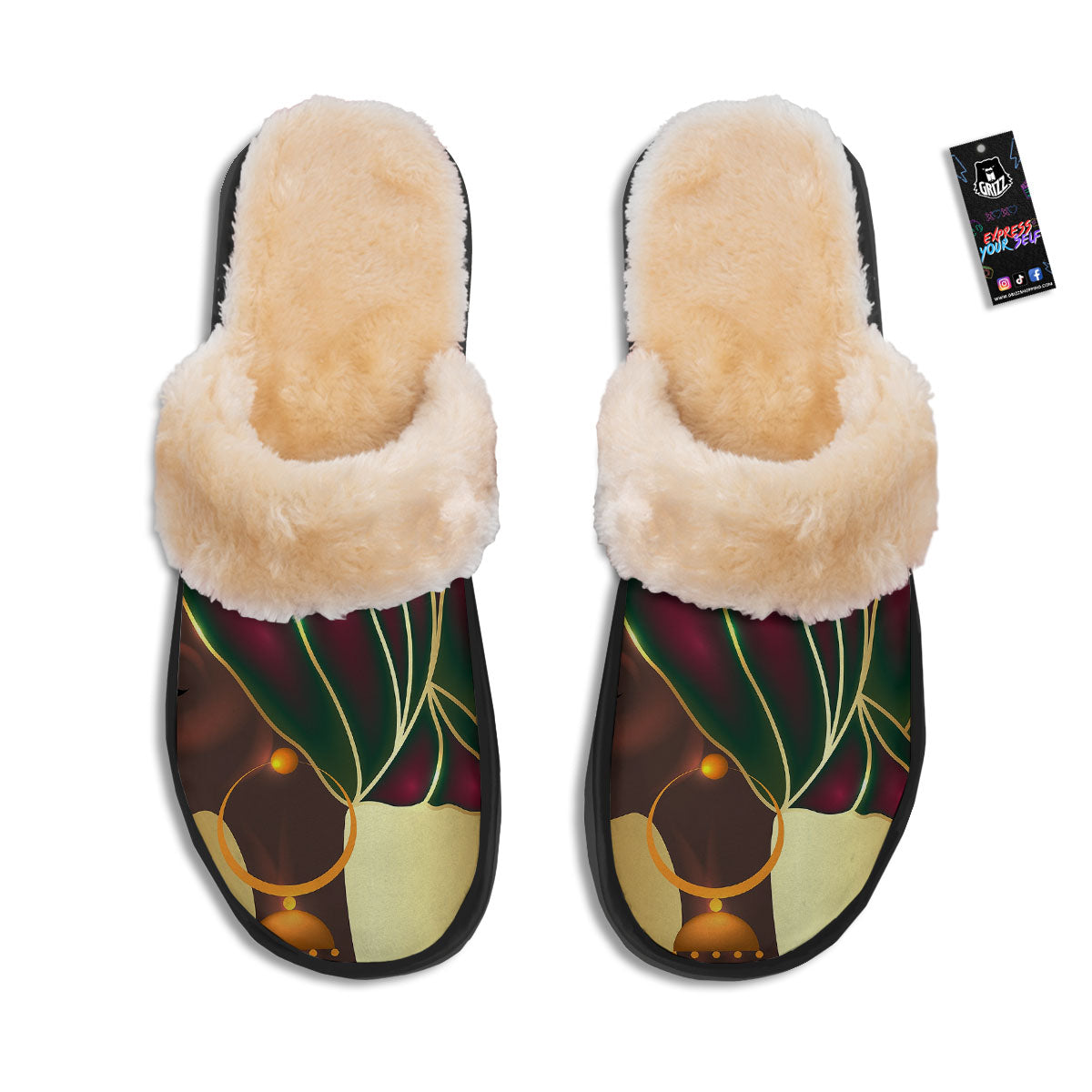 African Afro Gold And Black Print Slippers-grizzshop