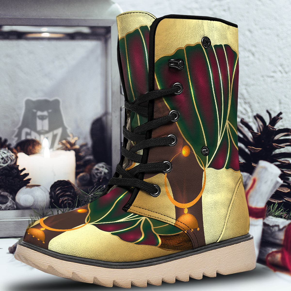African Afro Gold And Black Print Snow Boots-grizzshop