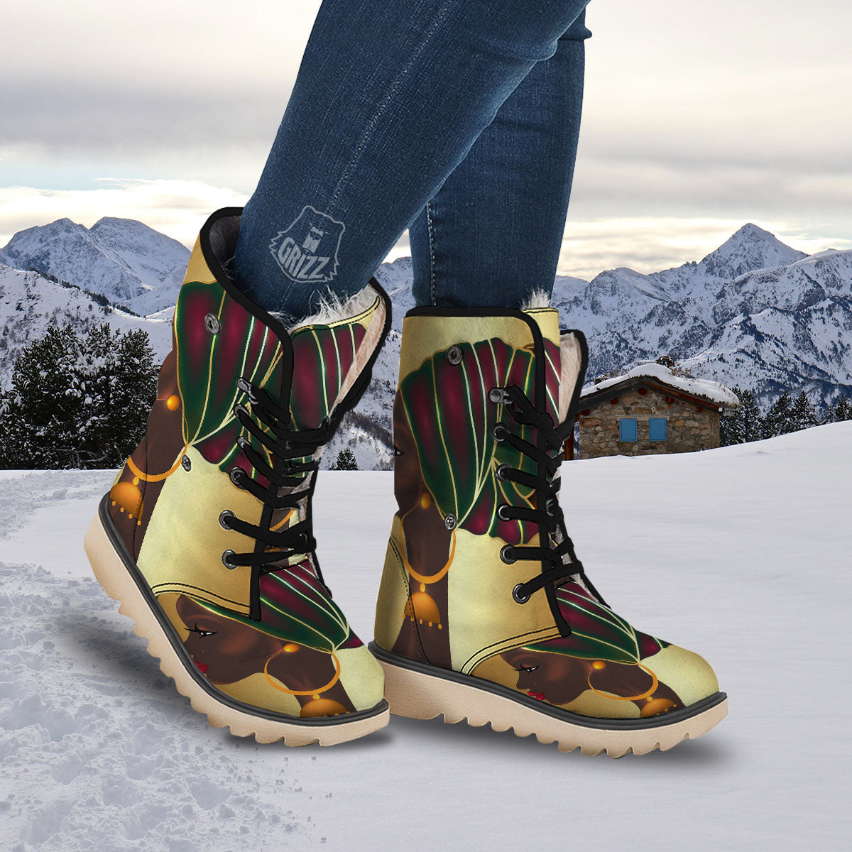 African Afro Gold And Black Print Snow Boots-grizzshop