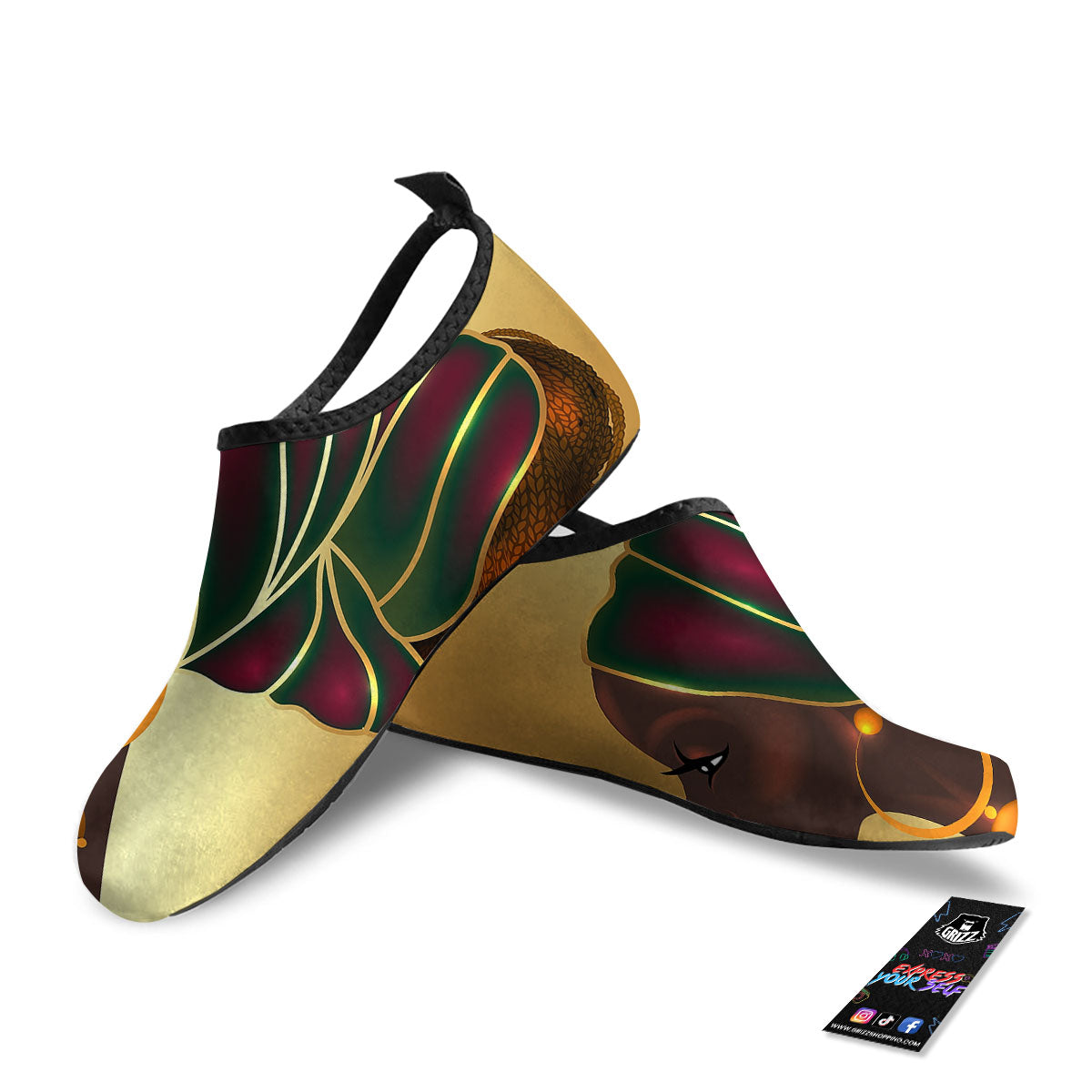 African Afro Gold And Black Print Water Shoes-grizzshop