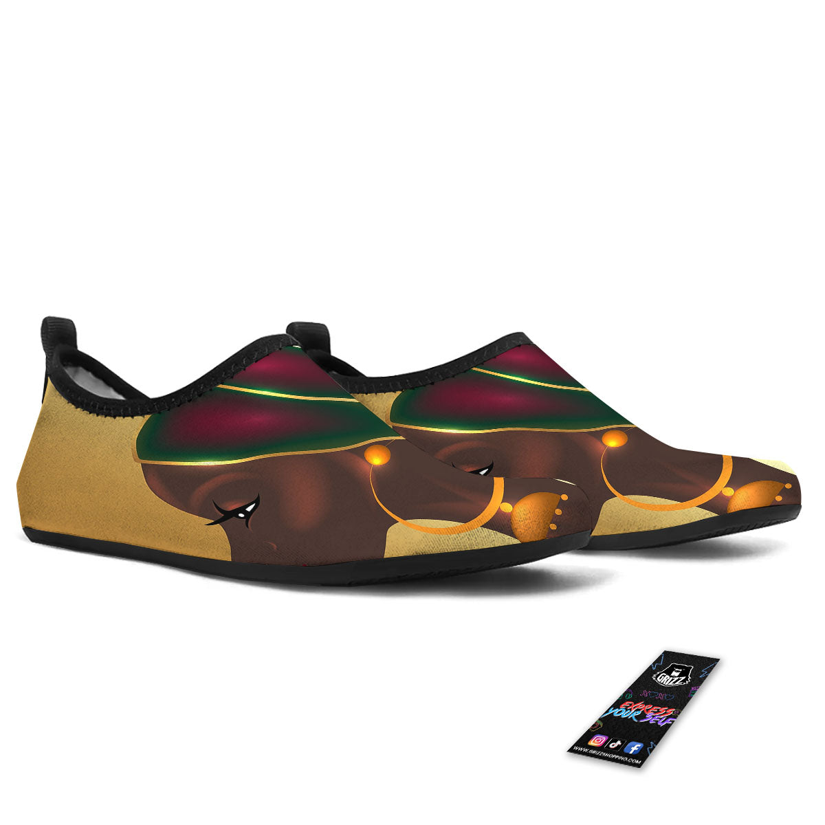 African Afro Gold And Black Print Water Shoes-grizzshop