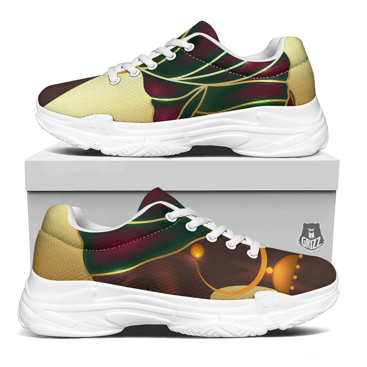 African Afro Gold And Black Print White Chunky Shoes-grizzshop