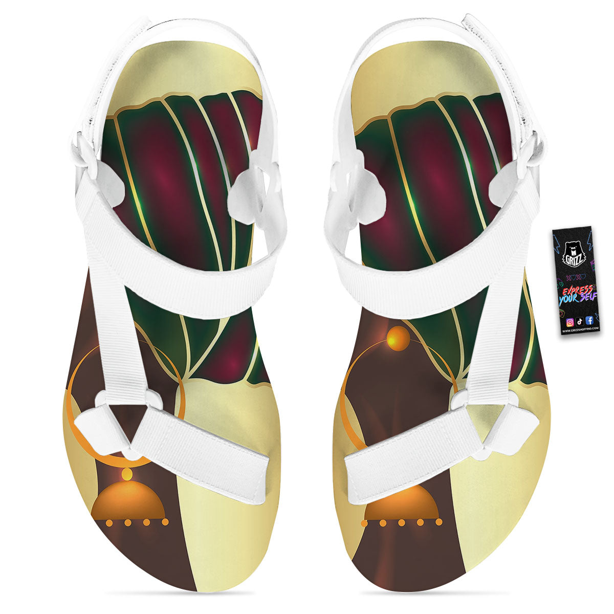 African Afro Gold And Black Print White Open Toe Sandals-grizzshop