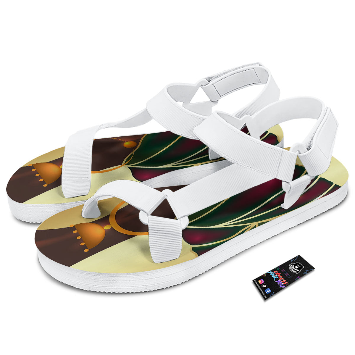 African Afro Gold And Black Print White Open Toe Sandals-grizzshop