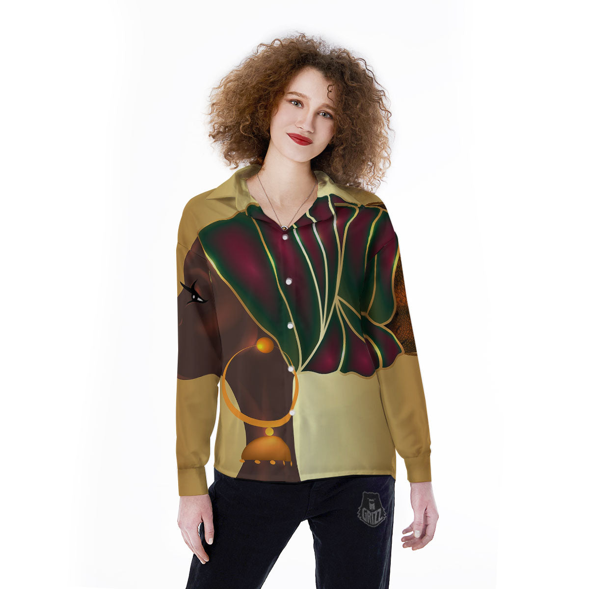 African Afro Gold And Black Print Women's Long Sleeve Shirts-grizzshop