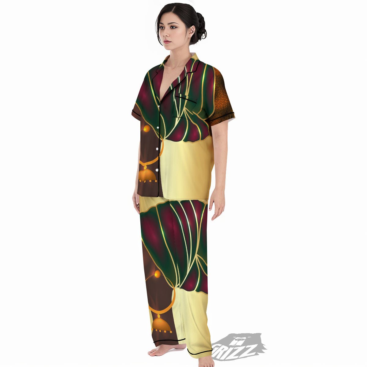 African Afro Gold And Black Print Women's Pajamas Set-grizzshop