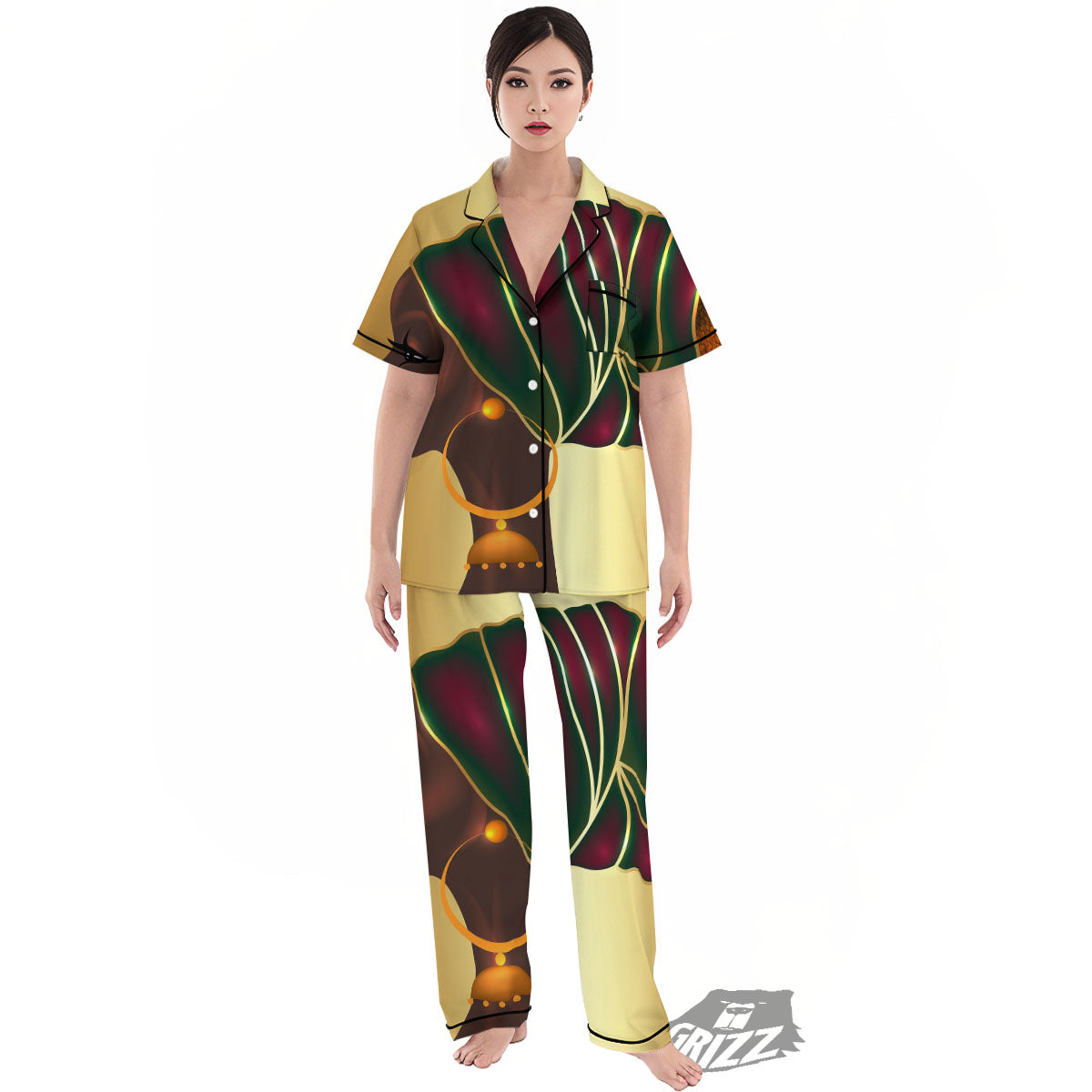African Afro Gold And Black Print Women's Pajamas Set-grizzshop