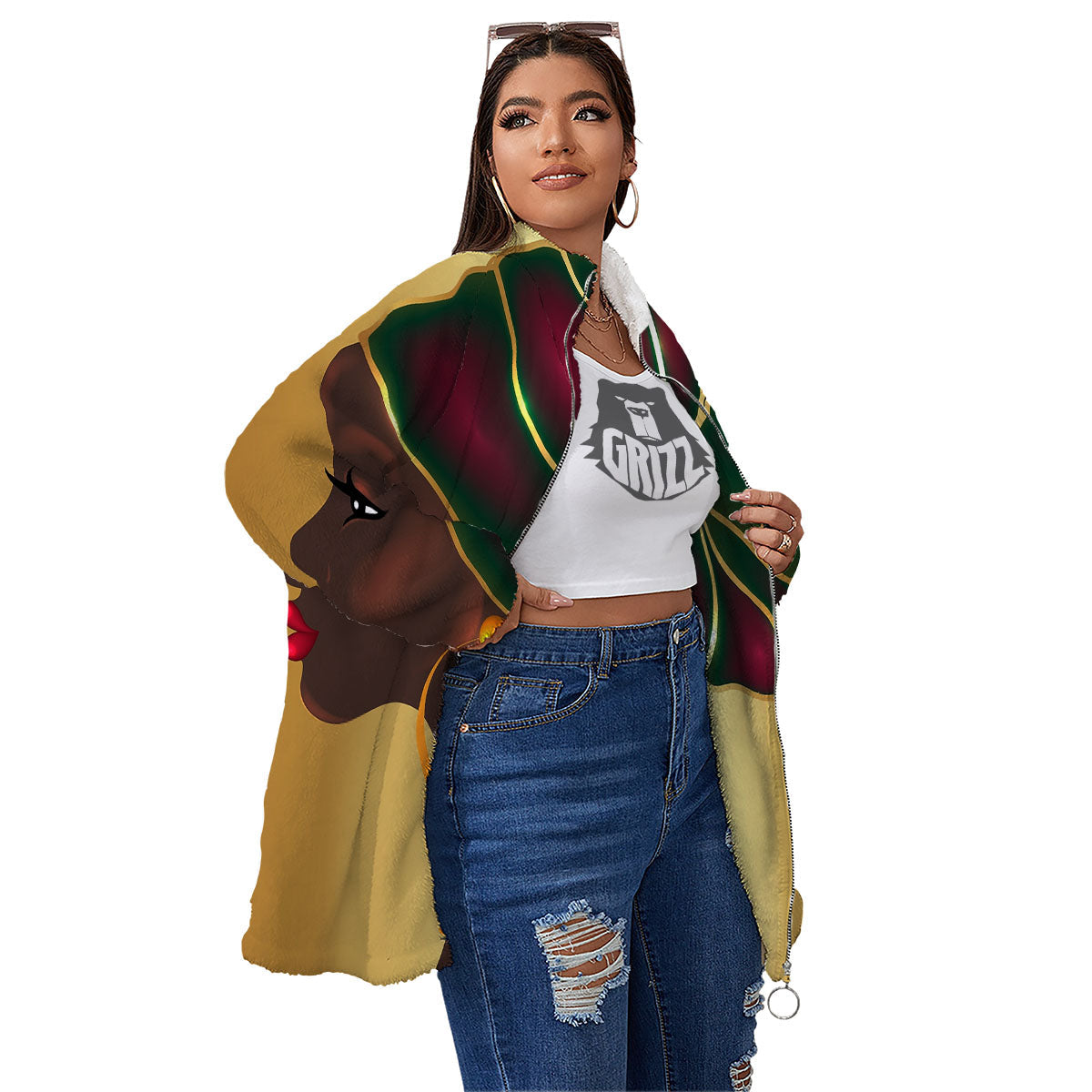 African Afro Gold And Black Print Women's Sherpa Jacket-grizzshop