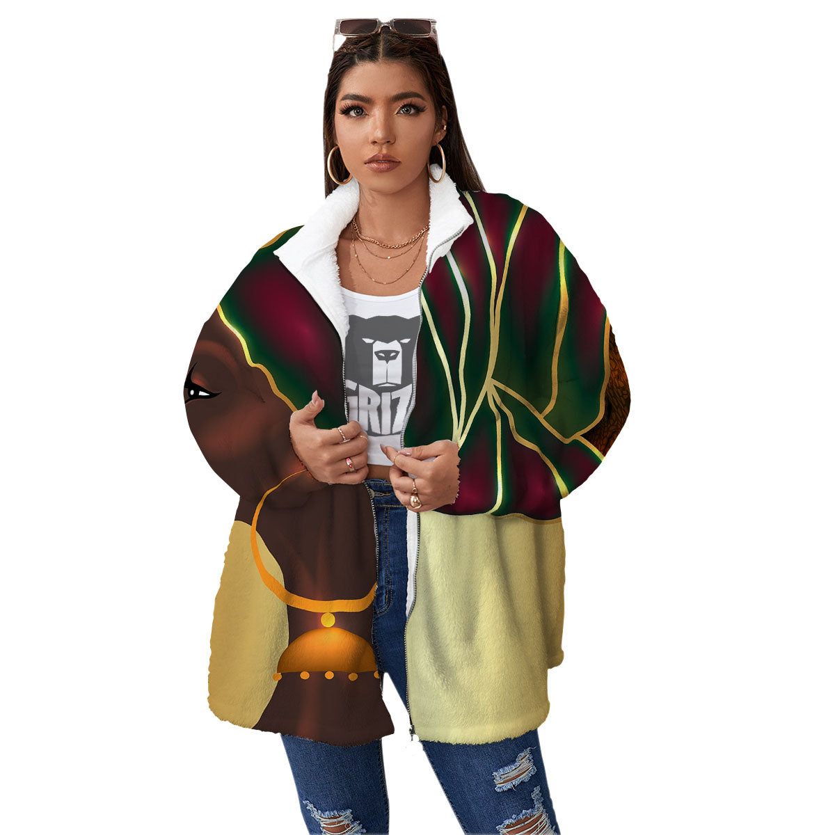 African Afro Gold And Black Print Women's Sherpa Jacket-grizzshop