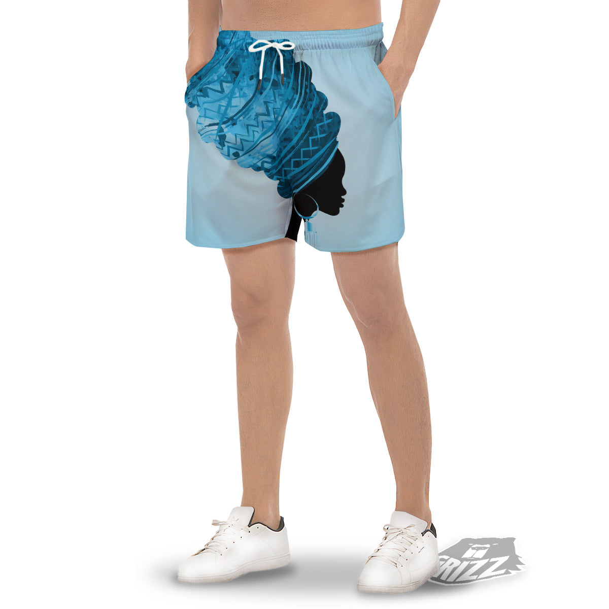 African Dashiki Black And Blue Print Men's Gym Shorts-grizzshop