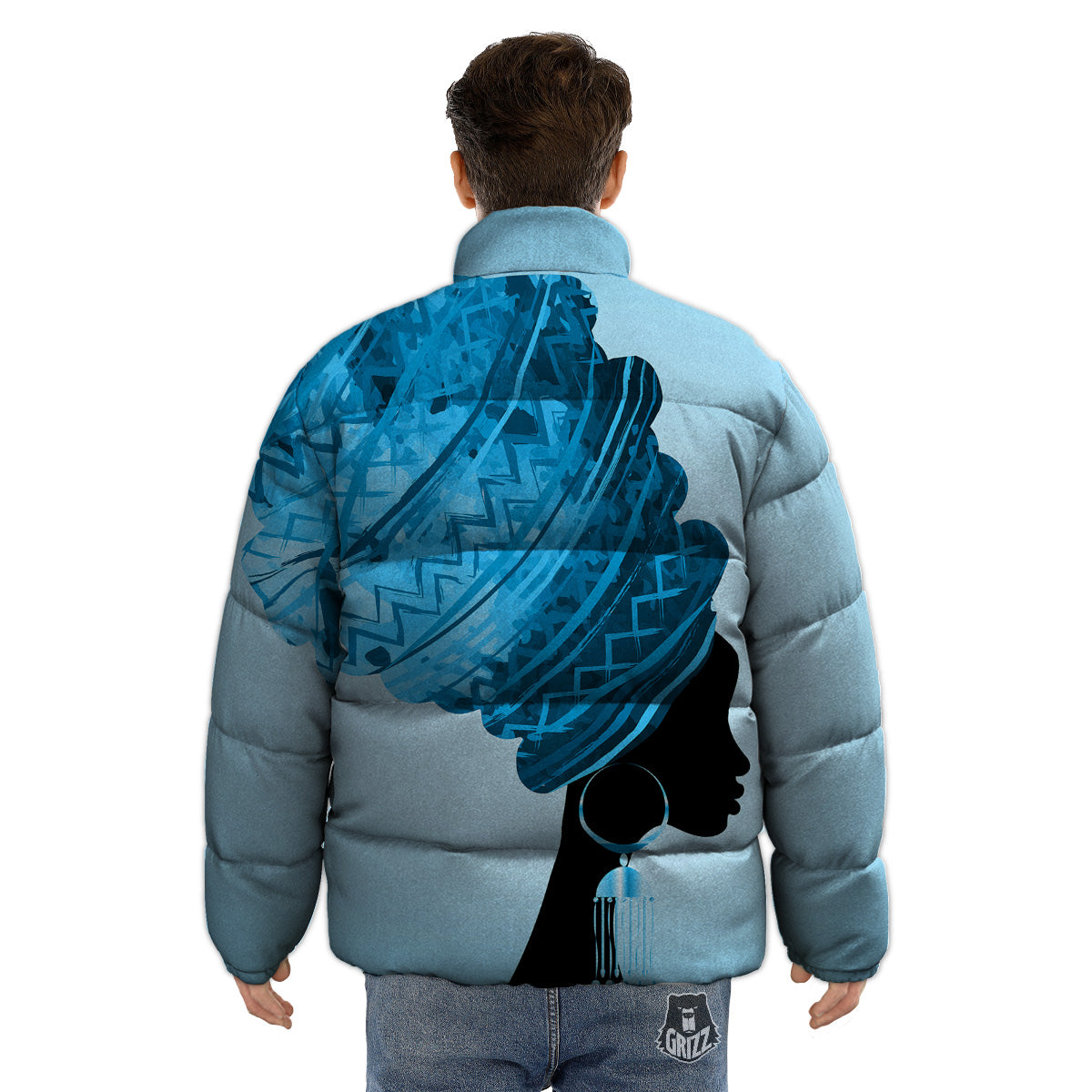African Dashiki Black And Blue Print Puffer Jacket-grizzshop