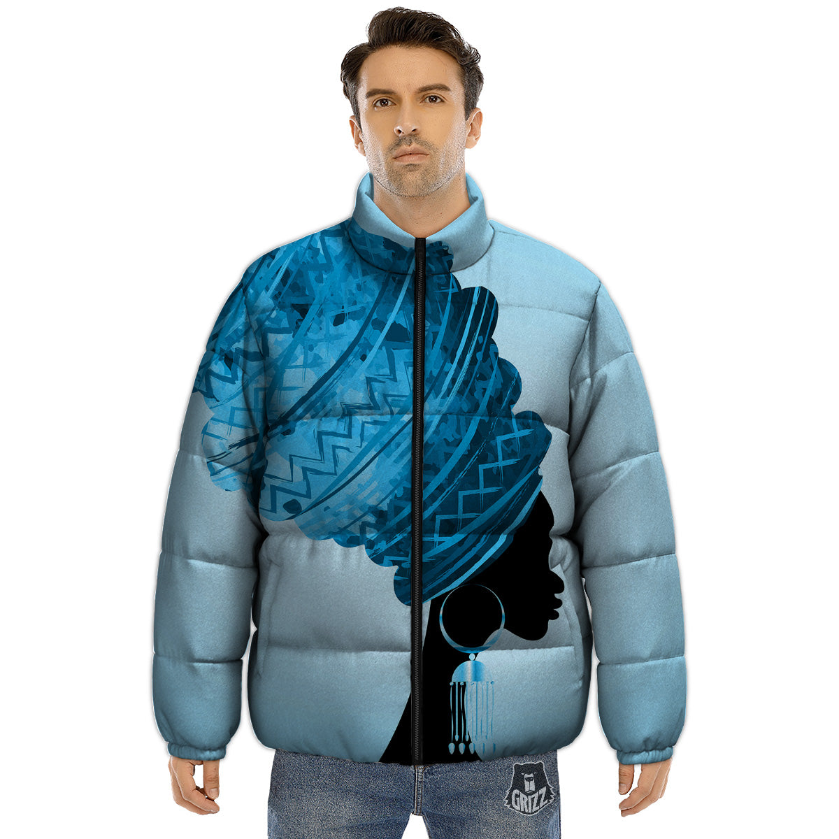 African Dashiki Black And Blue Print Puffer Jacket-grizzshop