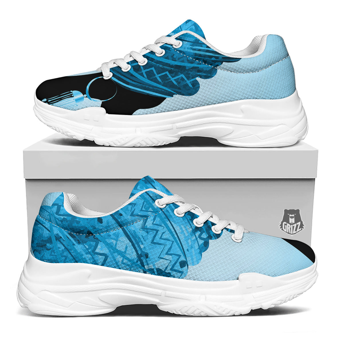 African Dashiki Black And Blue Print White Chunky Shoes-grizzshop