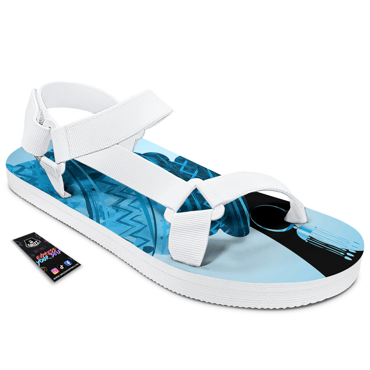 African Dashiki Black And Blue Print White Open Toe Sandals-grizzshop