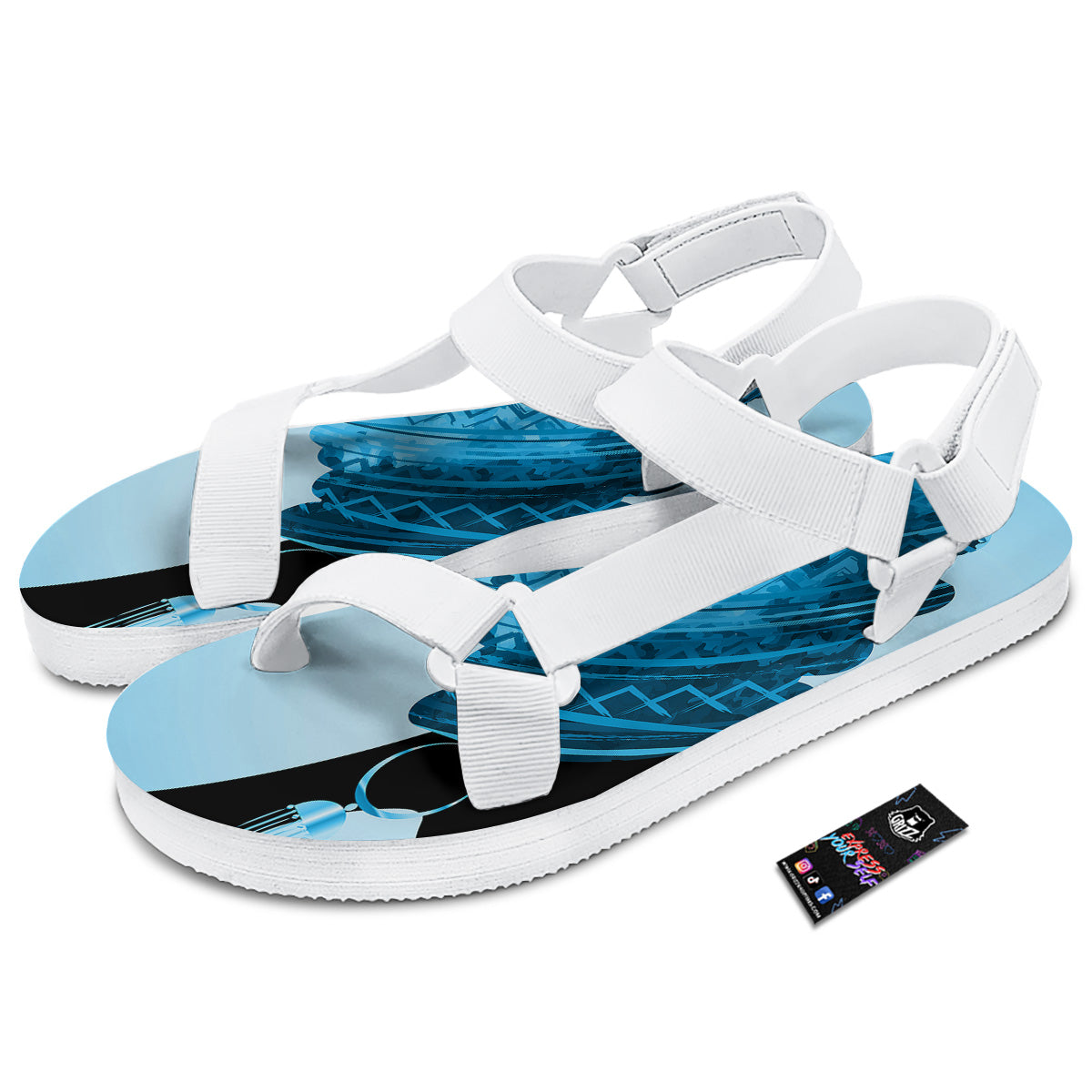 African Dashiki Black And Blue Print White Open Toe Sandals-grizzshop