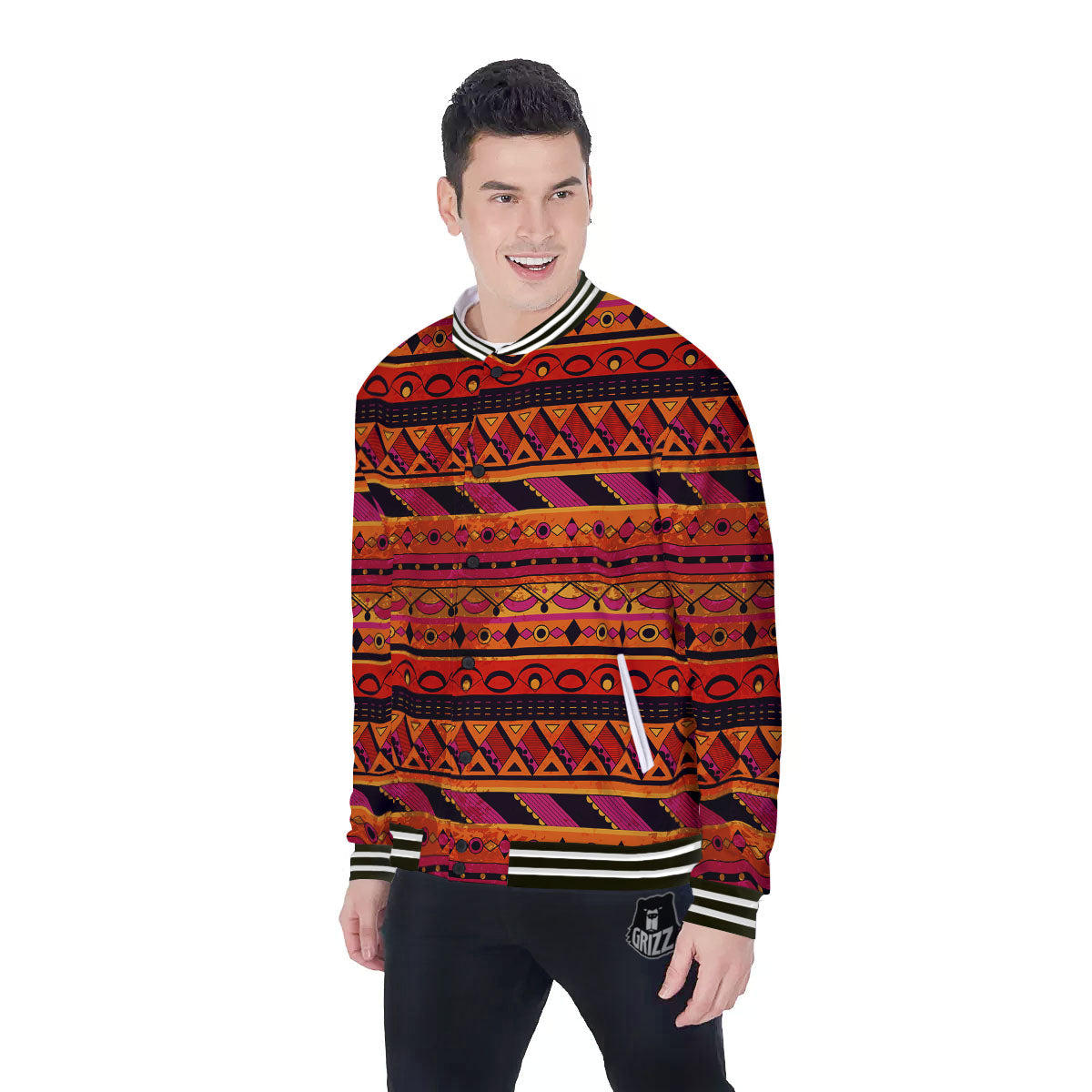 African Dashiki Black And Orange Print Baseball Jacket-grizzshop