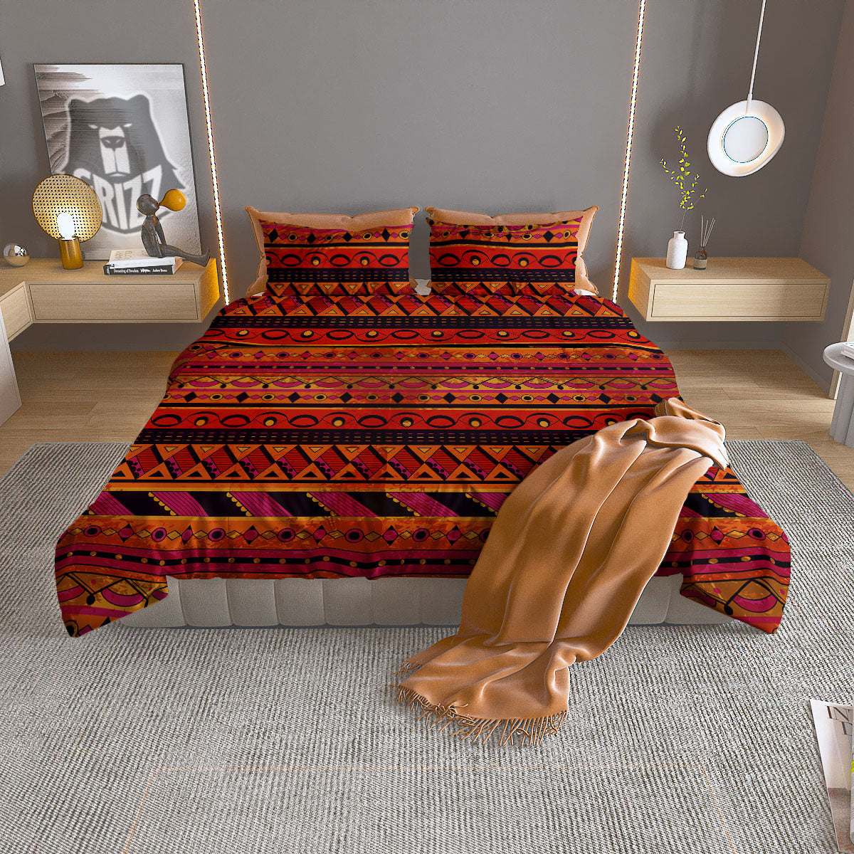 African Dashiki Black And Orange Print Duvet Cover Bedding Set