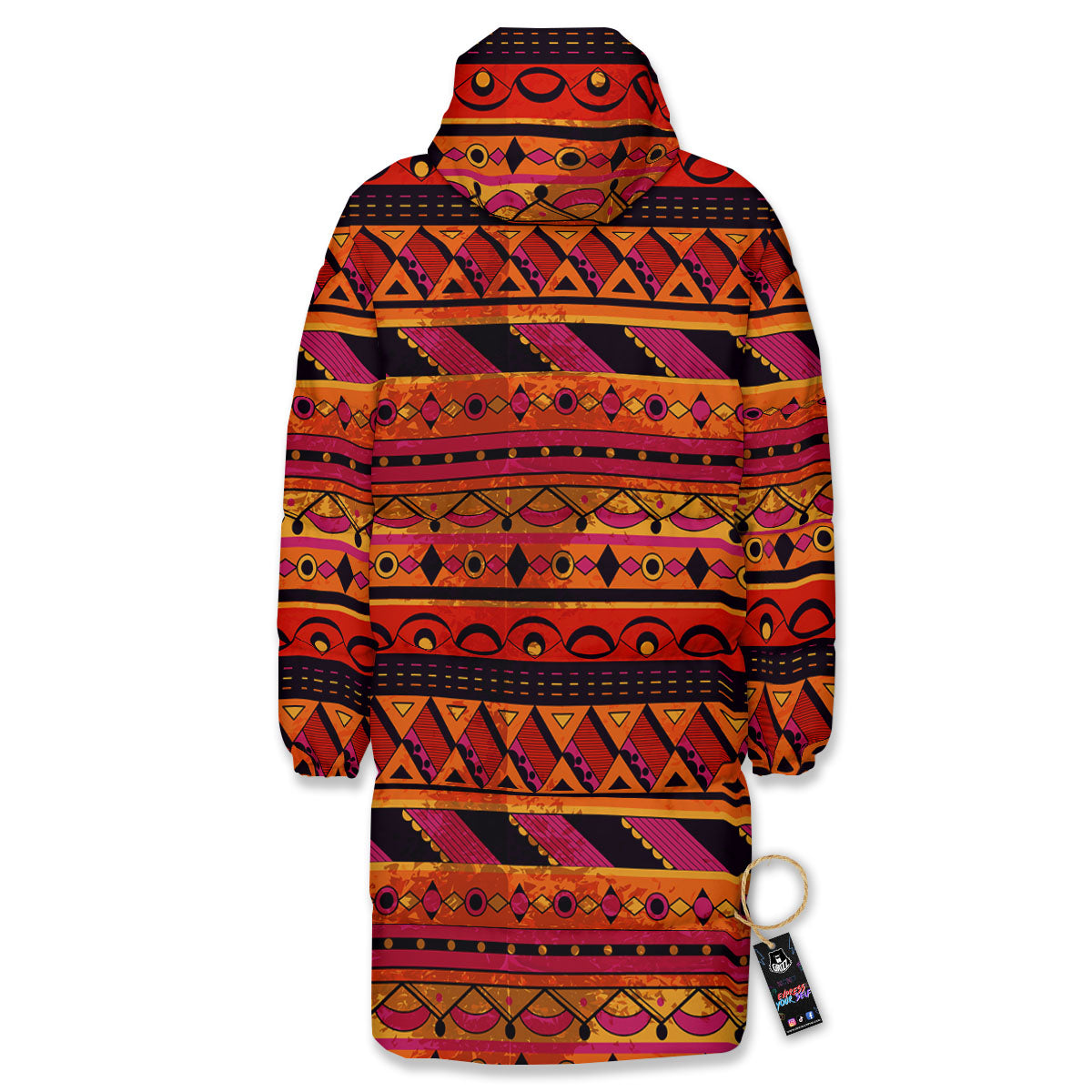 African Dashiki Black And Orange Print Long Down Jacket-grizzshop