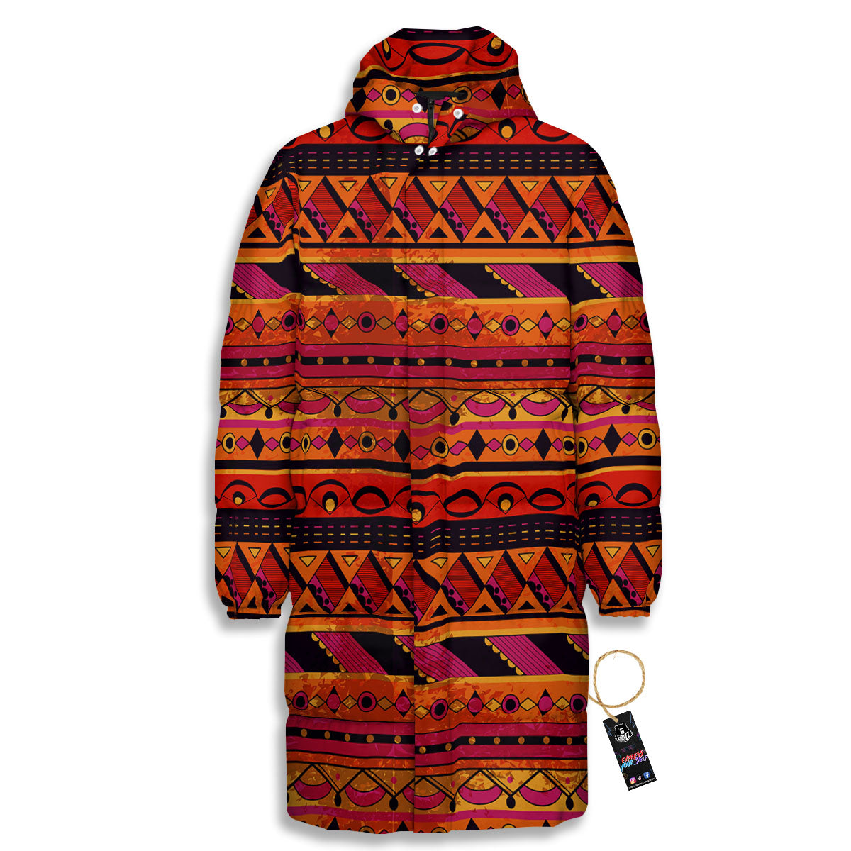 African Dashiki Black And Orange Print Long Down Jacket-grizzshop