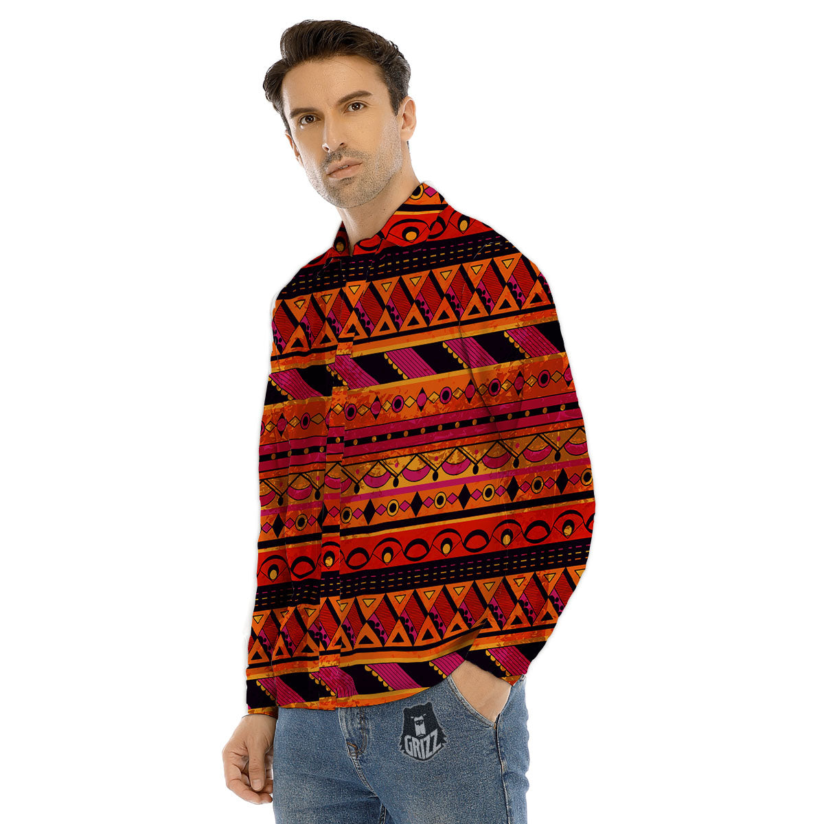 African Dashiki Black And Orange Print Men's Dress Shirts-grizzshop
