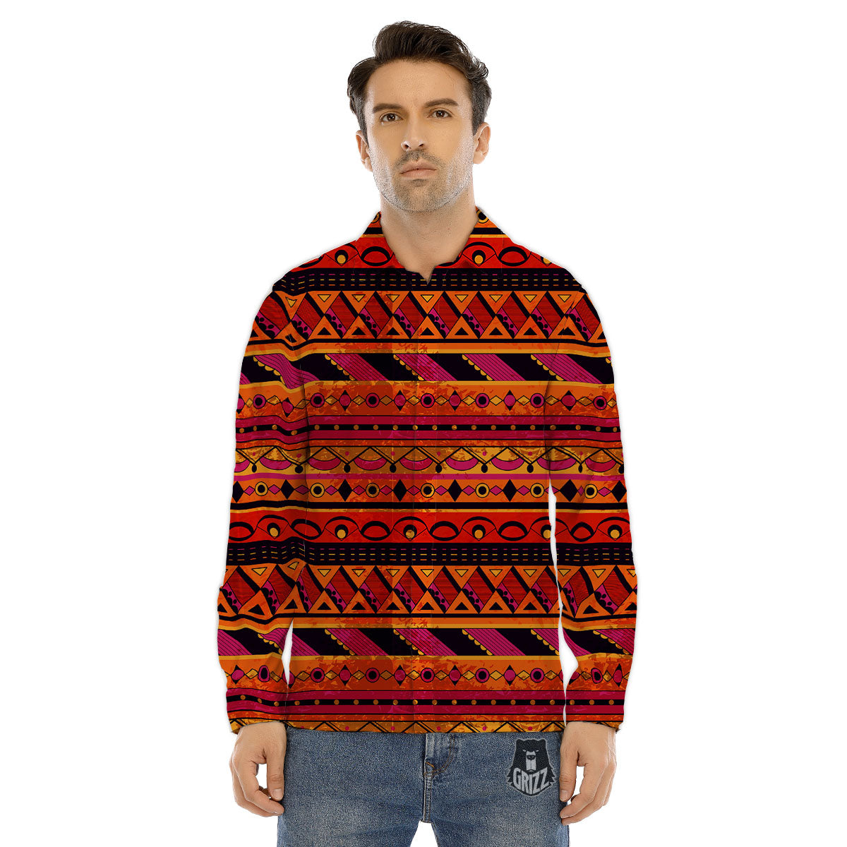 African Dashiki Black And Orange Print Men's Dress Shirts-grizzshop