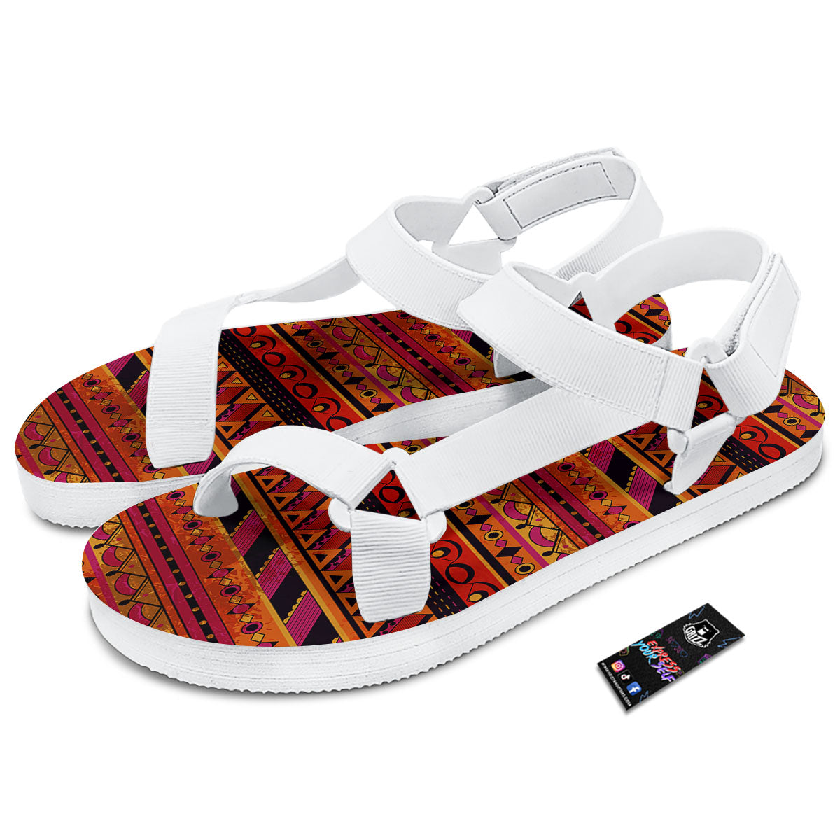 African Dashiki Black And Orange Print White Open Toe Sandals-grizzshop